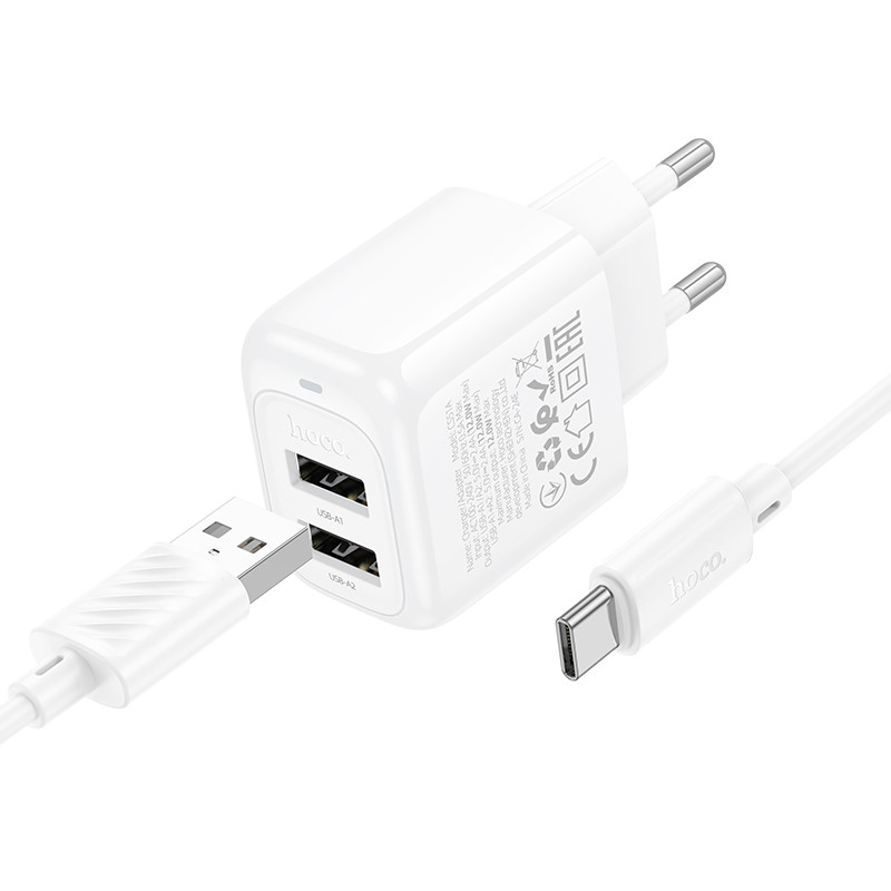 Фото СЗУ Hoco CS51A Surplus (2USB-A) + кабель USB to Type-C (White) на vchehle.ua