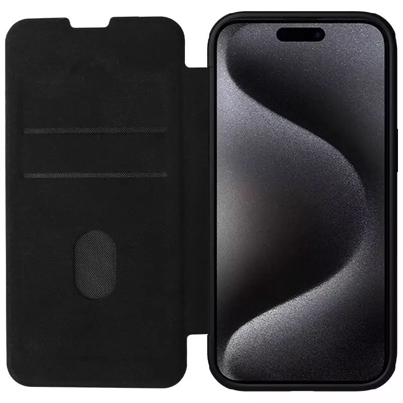 Фото Кожаный чехол (книжка) Nillkin Qin Prop Plain Camshield для Apple iPhone 16 (6.1") (Classic Black) в магазине vchehle.ua