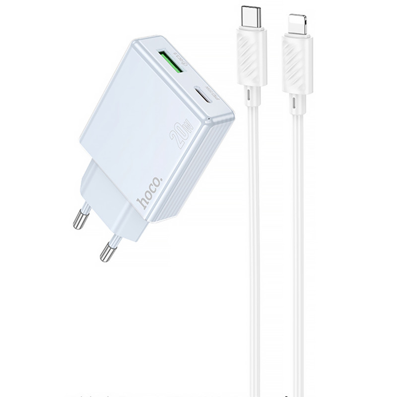СЗУ Hoco C142A Direct PD20W+QC3.0 (1USB-A/1C) + кабель Type-C to Lightning (Blue)