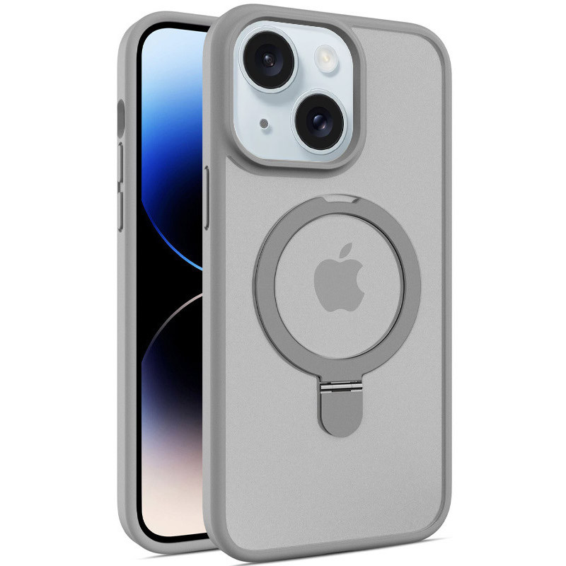 TPU+PC чехол Metal Buttons with Magnetic Safe Colorful HQ Ring для Apple iPhone 15 (6.1") (Grey)