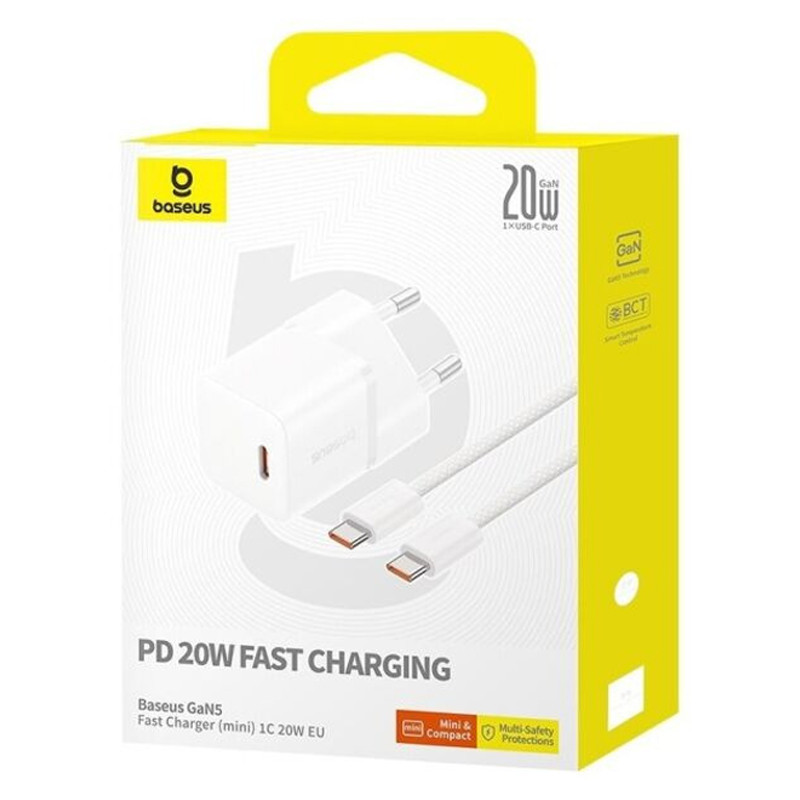 Замовити МЗП Baseus GaN5 Fast Charger (mini) PD20W (1USB-C) + кабель Type-C to Type-C (P10110900113) (Moon White) на vchehle.ua