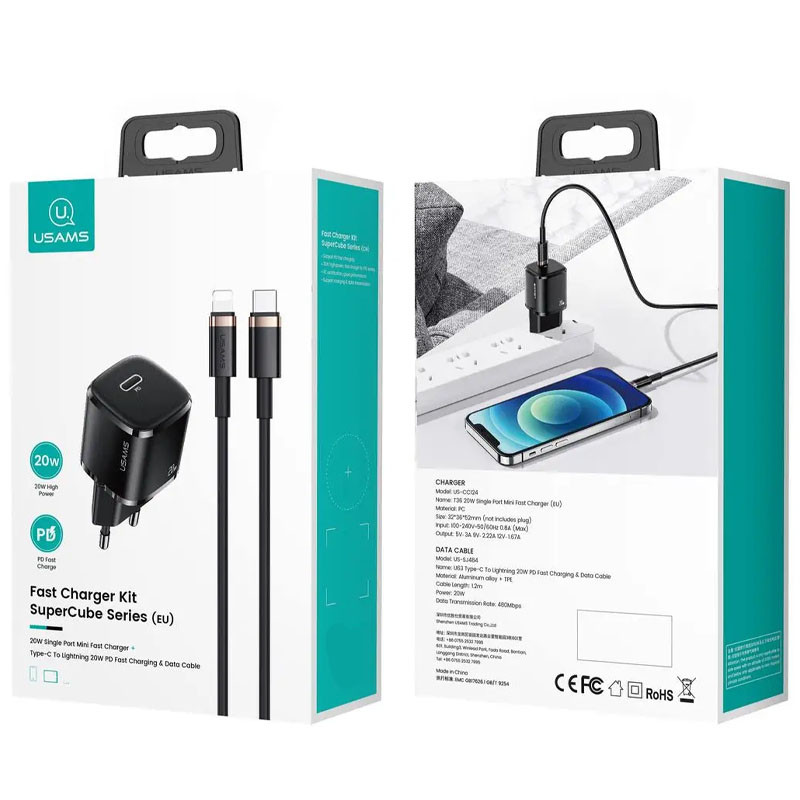 СЗУ Usams US-XFK T36 20W (1USB-C) + кабель Type-C to Lightning (Black) в магазине vchehle.ua