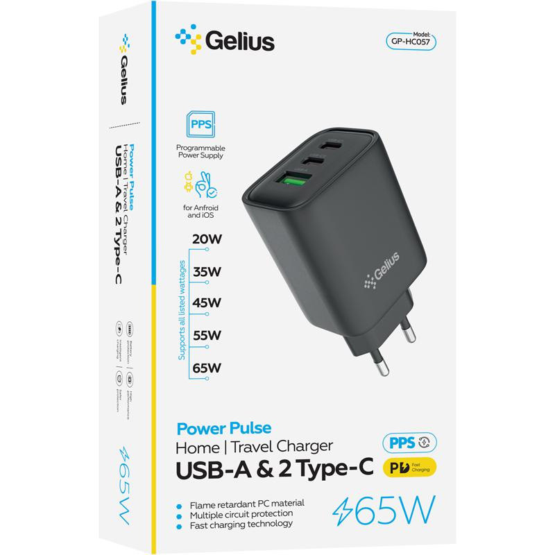 МЗП Gelius Power Pulse GP-HC057 65W USB+2Type-C (QC/PD/PPS) (Black) в магазині vchehle.ua