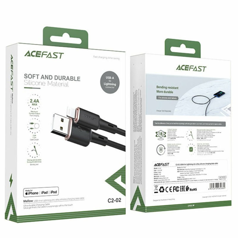Купить Дата кабель Acefast MFI C2-02 USB-A to Lightning zinc alloy silicone (1.2m) (Black) на vchehle.ua