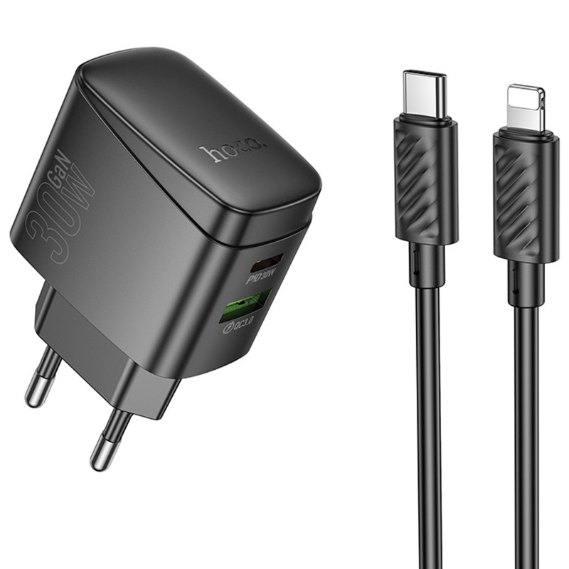СЗУ Hoco CS61A Bright PD30W+QC3.0 (1USB-A/1C) + кабель Type-C to Lightning (Black)