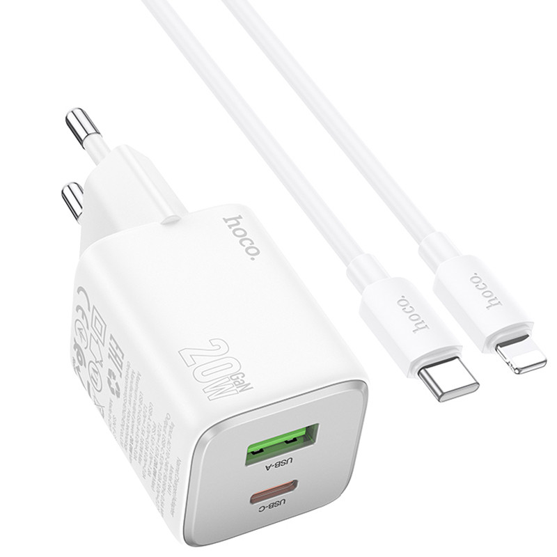 Фото СЗУ Hoco N41 Almighty PD20W+QC3.0 (1USB-A/1C) + кабель Type-C to Lightning (White) на vchehle.ua