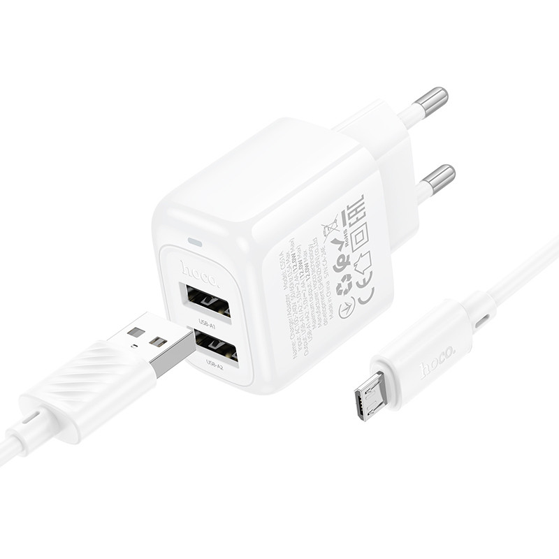 Фото СЗУ Hoco CS51A Surplus (2USB-A) + MicroUSB (White) на vchehle.ua