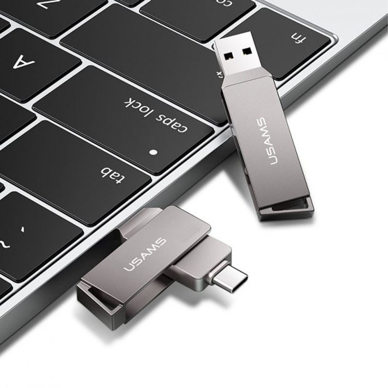 Фото Флеш накопитель USAMS US-ZB201 Type-C+ USB3.0 Rotatable High Speed Flash Drive 128 Gb (Iron-grey) в магазине vchehle.ua