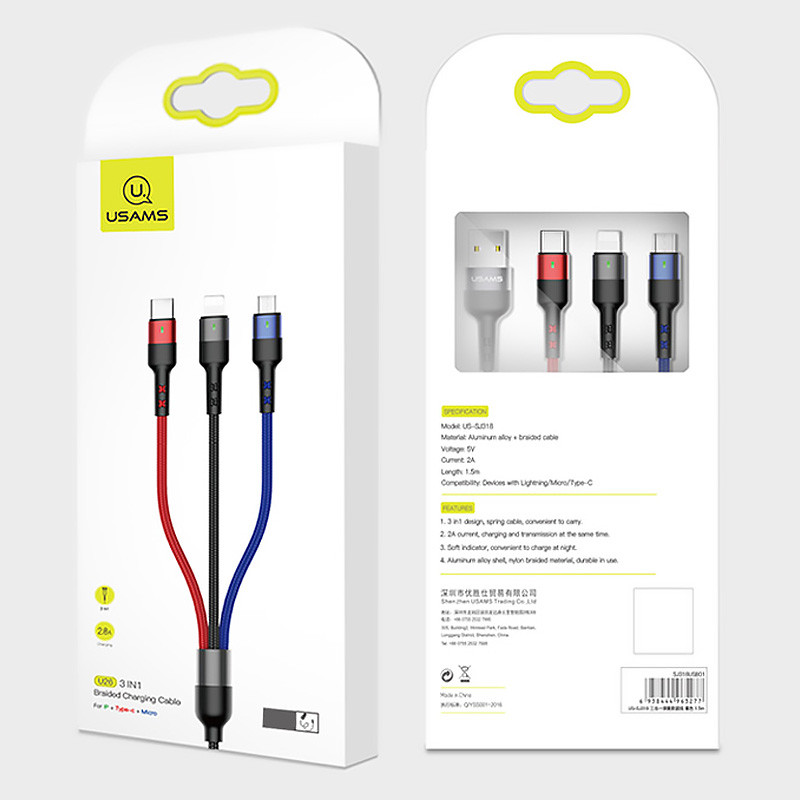 Замовити Дата кабель Usams US-SJ410 U26 3in1 USB to Combo 2A (0.35m) (Чорний) на vchehle.ua