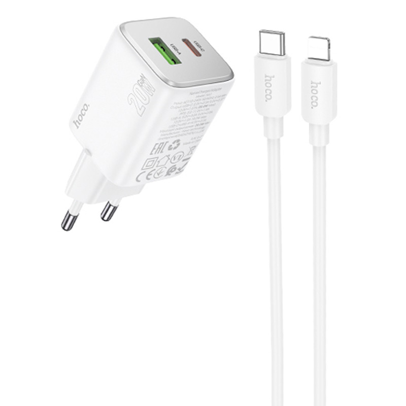 СЗУ Hoco N41 Almighty PD20W+QC3.0 (1USB-A/1C) + кабель Type-C to Lightning (White)