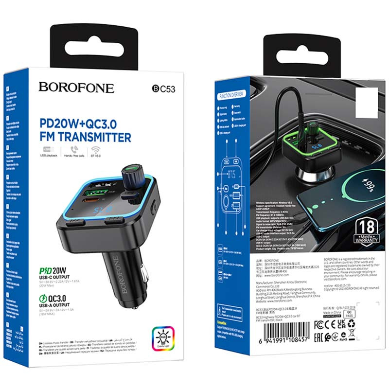 Заказать АЗУ FM модулятор Borofone BC53 Highway PD20W+QC3.0 (2USB-A/1C) (Black) на vchehle.ua
