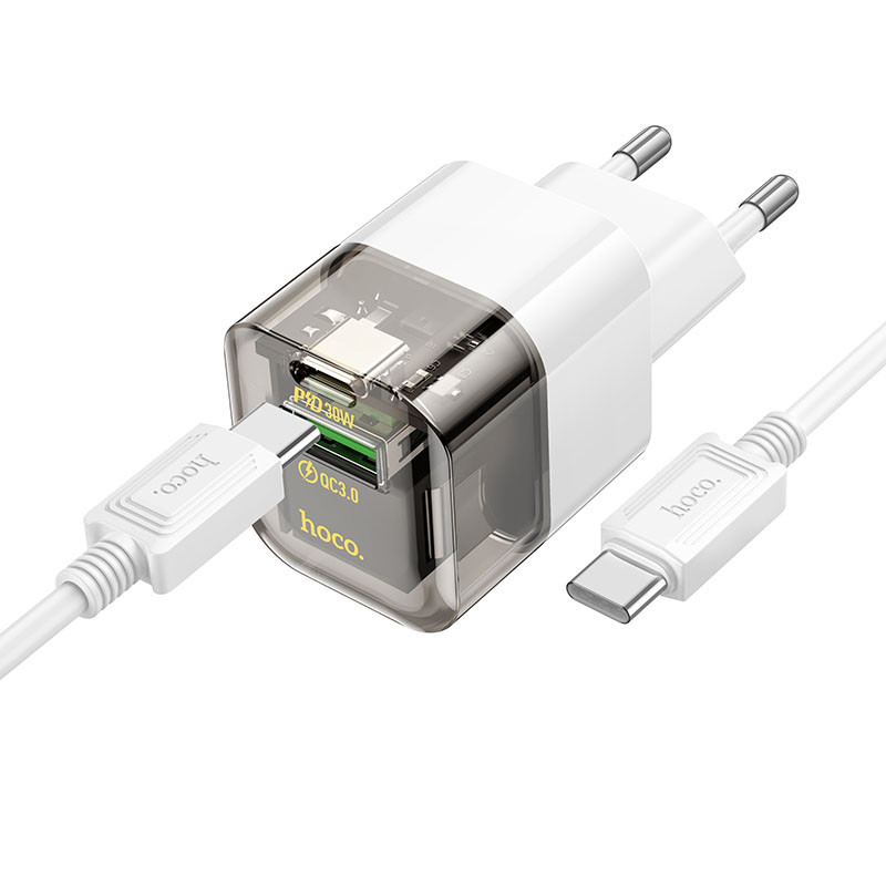 Фото СЗУ Hoco C131A Platium PD30W+QC3.0 (1USB-A/1C) + кабель Type-C to Type-C (Transparent black) на vchehle.ua