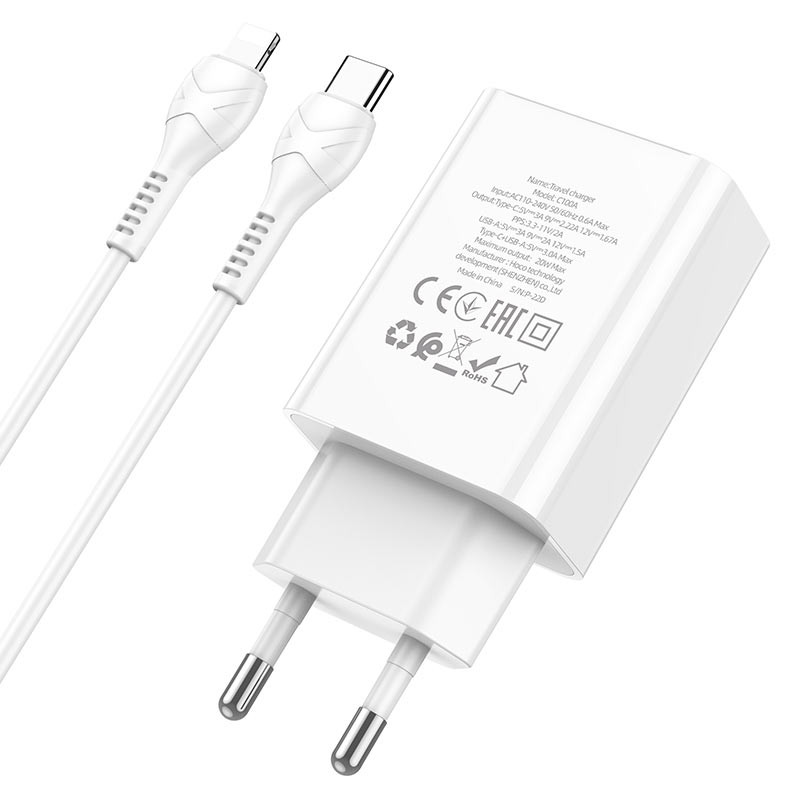Фото СЗУ Hoco C100A with digital display PD20W+QC3.0 (1USB-A/1C) + кабель Type-C to Lightning (White) в магазине vchehle.ua