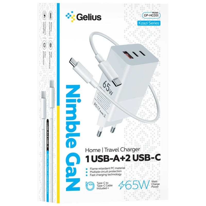 Фото Уценка СЗУ Gelius Nimble GaN 65W GP-HC051 + Type-C to Type-C (Дефект упаковки / Белый) в магазине vchehle.ua
