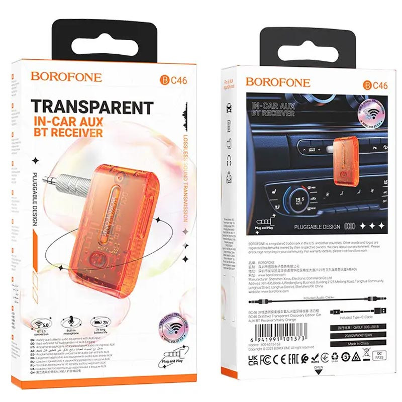 Фото Bluetooth аудио ресивер BOROFONE BC46 Gratified Transparent (Vitality orange) в магазине vchehle.ua