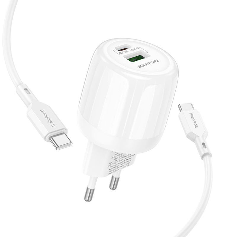 Фото МЗП Borofone BA93A Lustrous PD20W+QC3.0 (1USB-A/1C) + кабель Type-C to Type-C (White) в маназині vchehle.ua