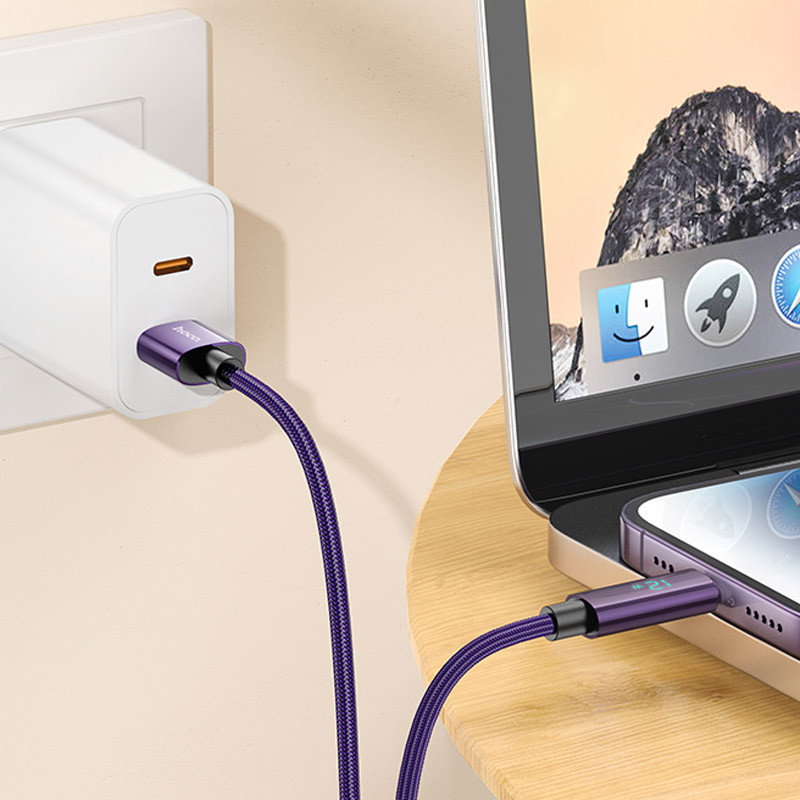 Дата кабель Hoco U125 Benefit 2.4A USB to Lightning with display (1.2m) (Purple) в магазине vchehle.ua