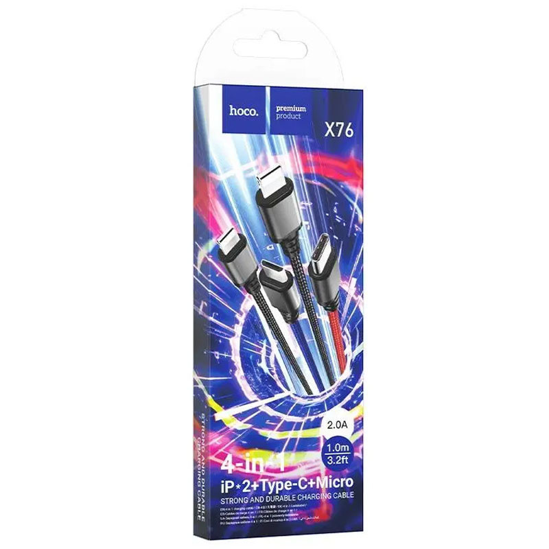 Дата кабель Hoco X76 4in1 Type-C + Type-C + Lightning + MicroUSB (1m) (Black / Red / Blue) в магазине vchehle.ua