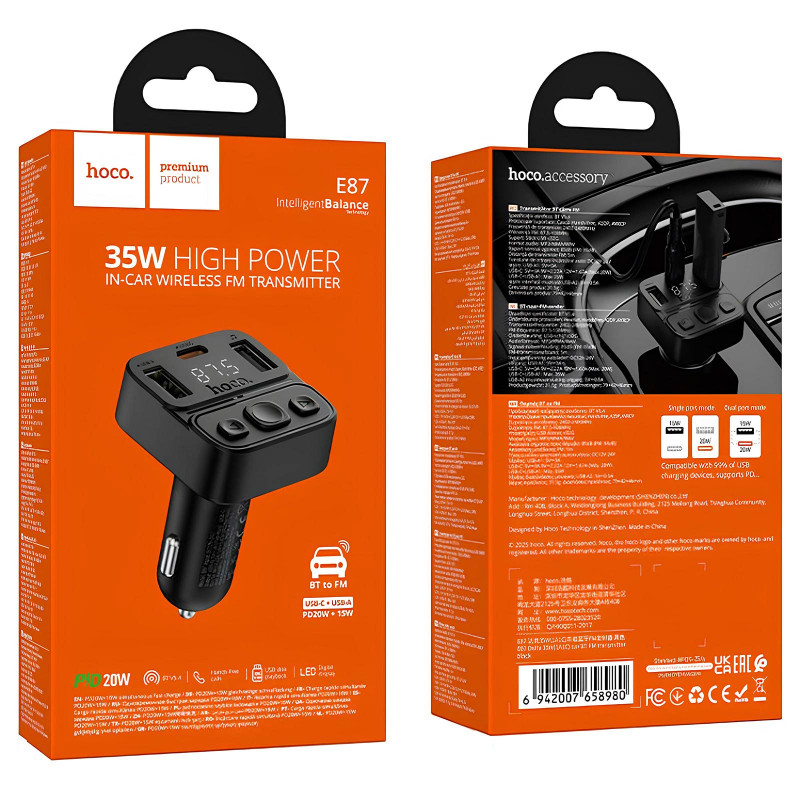 АЗП FM модулятор Hoco E87 Delta 35W (1USB-A/1C) (Black) в магазині vchehle.ua