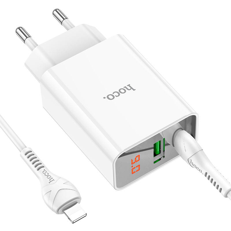 Фото СЗУ Hoco C100A with digital display PD20W+QC3.0 (1USB-A/1C) + кабель Type-C to Lightning (White) на vchehle.ua