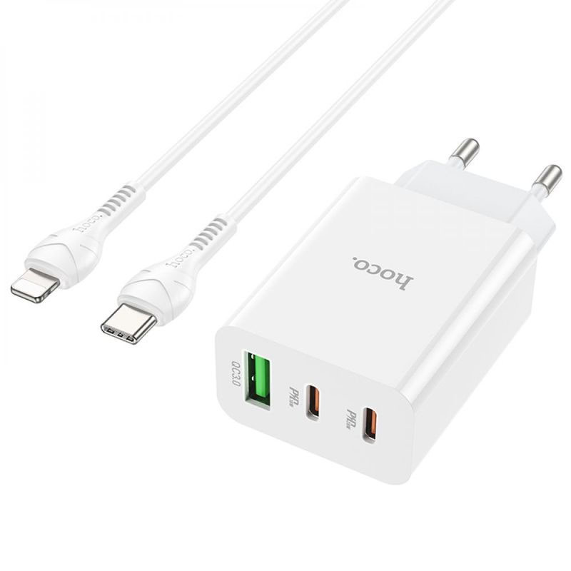 Фото СЗУ Hoco C99A PD20W+QC3.0 (1USB/2Type-C/3A) + Type-C to Lightning (White) на vchehle.ua