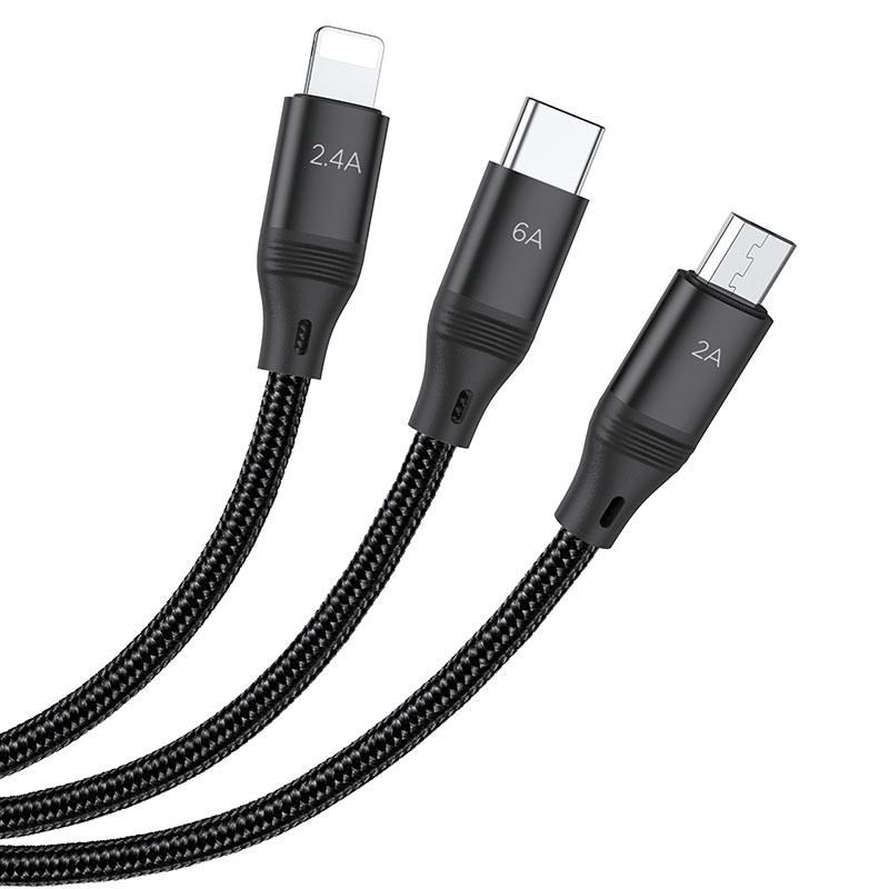 Фото Дата кабель Hoco U104 Ultra 6A 3in1 Lightning-MicroUSB-Type-C (1.2m) (Черный) в магазине vchehle.ua