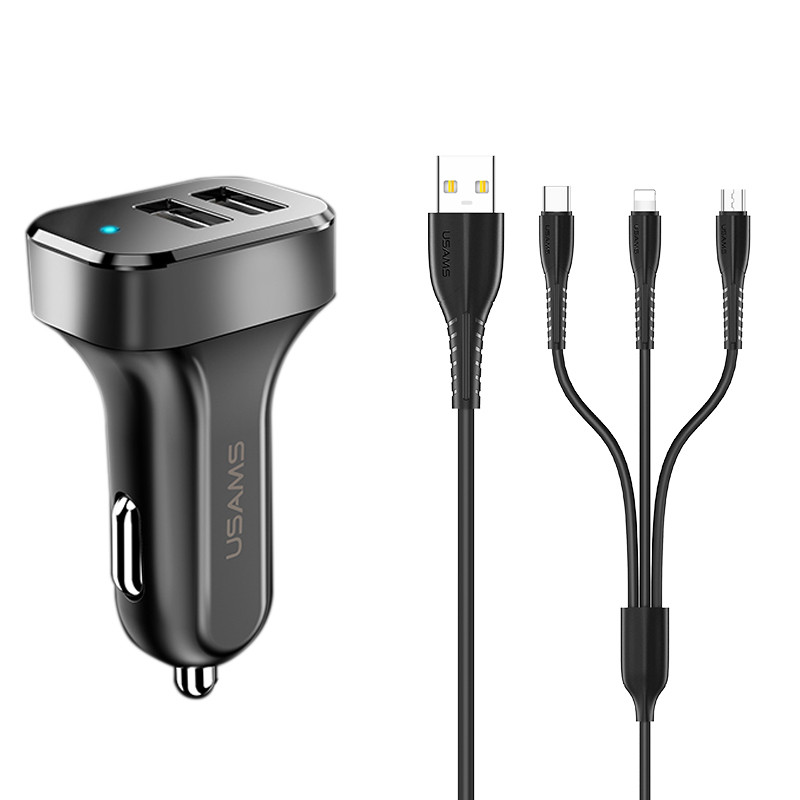 АЗП Usams C13 2.1A Dual USB + U35 3IN1 Charging Cable (1m) (Чорний)