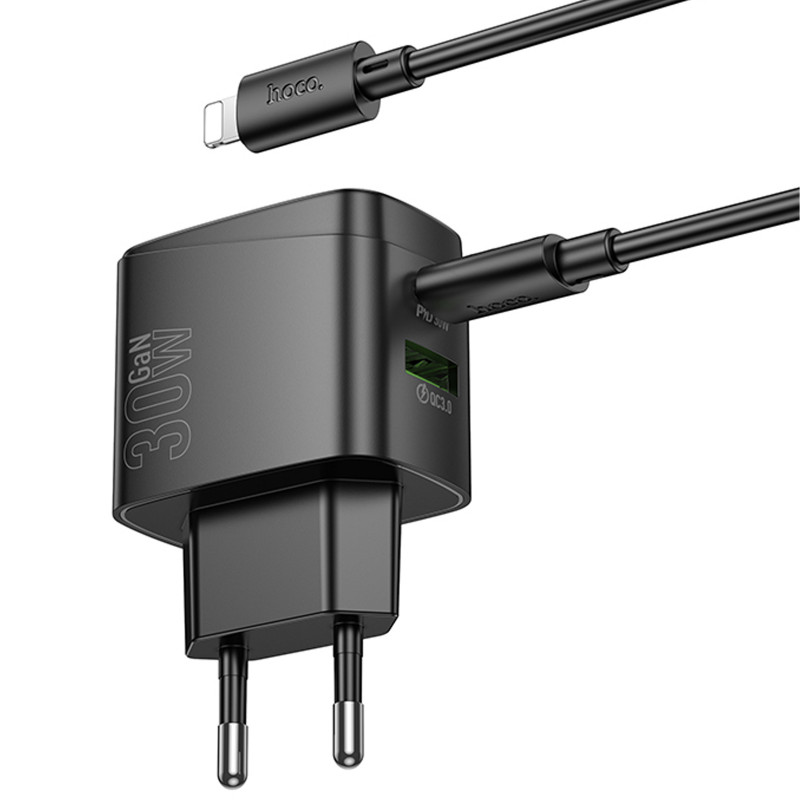 Купить СЗУ Hoco CS61A Bright PD30W+QC3.0 (1USB-A/1C) + кабель Type-C to Lightning (Black) на vchehle.ua