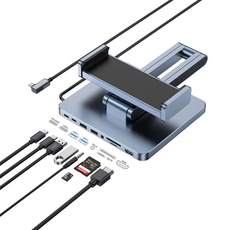 Купити Підставка для планшетів+HUB WIWU AH801 Adjustable 8in1 (USB-C to HDMI+2xUSB-A+2xUSB-C+SD/TF+3.5mm) (Gray) на vchehle.ua