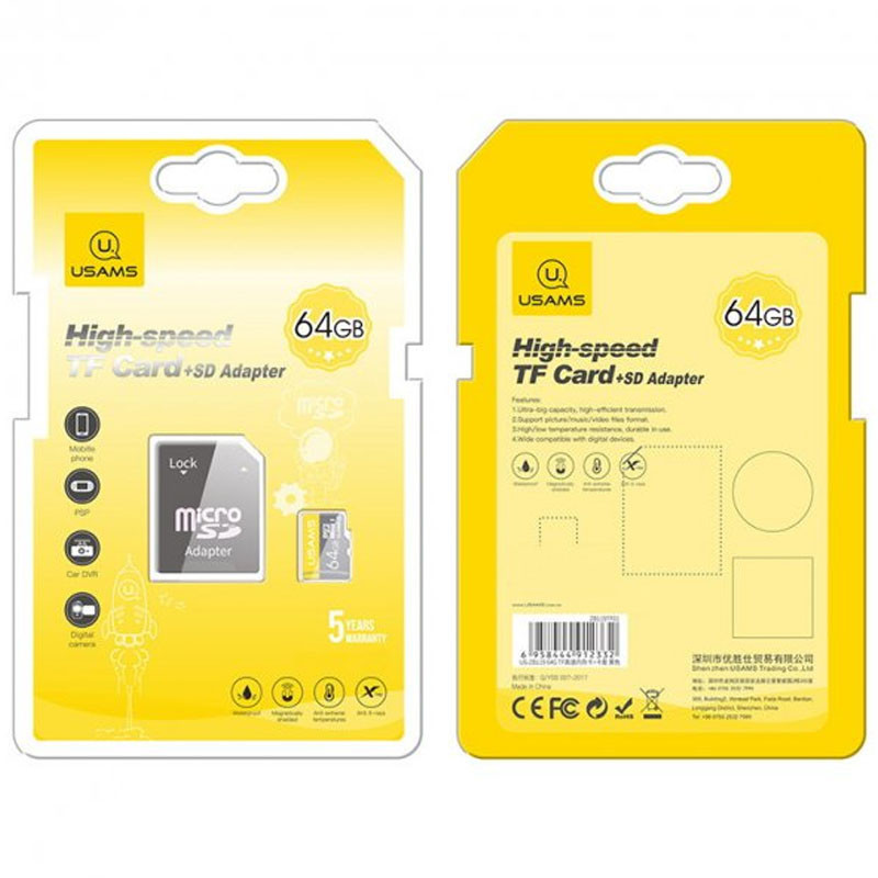 Фото Карта памяти USAMS US-ZB119 TF High Speed Card 64 Gb + adapter (Yellow) на vchehle.ua