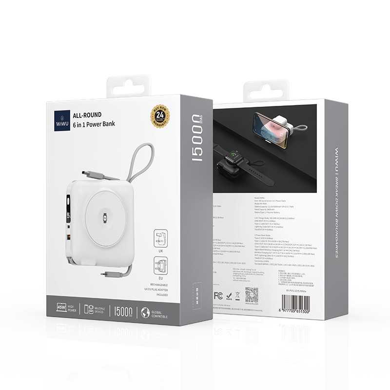 Замовити Портативний ЗП Power Bank WIWU Wi-P051 6 in 1 PD45W з БЗП+iWatch 15000 mAh (White) на vchehle.ua