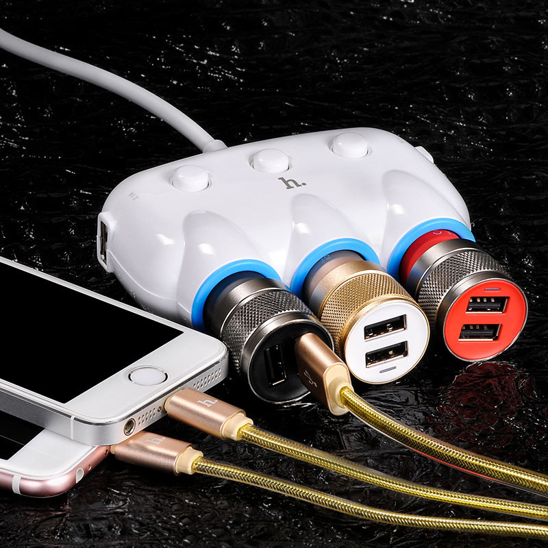 Фото АЗУ с разветвителем прикуривателя Hoco C1 (3 порта+2USB/3.1A) (White) в магазине vchehle.ua