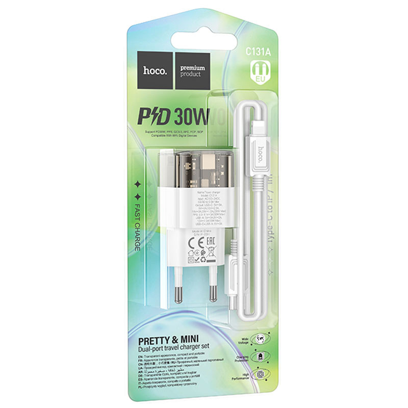 Фото СЗУ Hoco C131A Platium PD30W+QC3.0 (1USB-A/1C) + кабель Type-C to Lightning (Transparent black) в магазине vchehle.ua