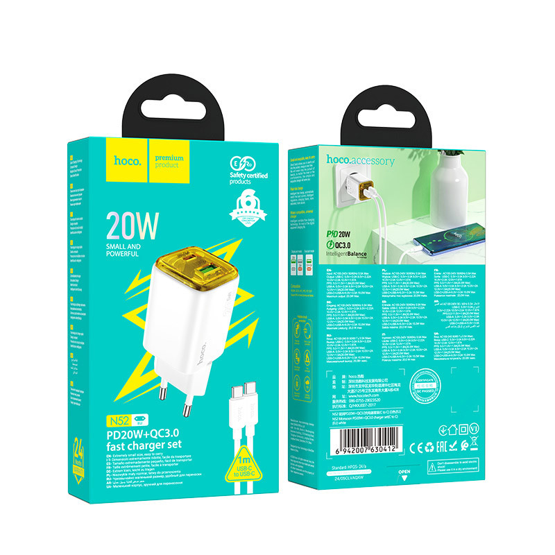 Фото СЗУ Hoco N52 Monsoon PD20W+QC3.0 (1USB-A/1C) + кабель Type-C to Type-C (White) в магазине vchehle.ua