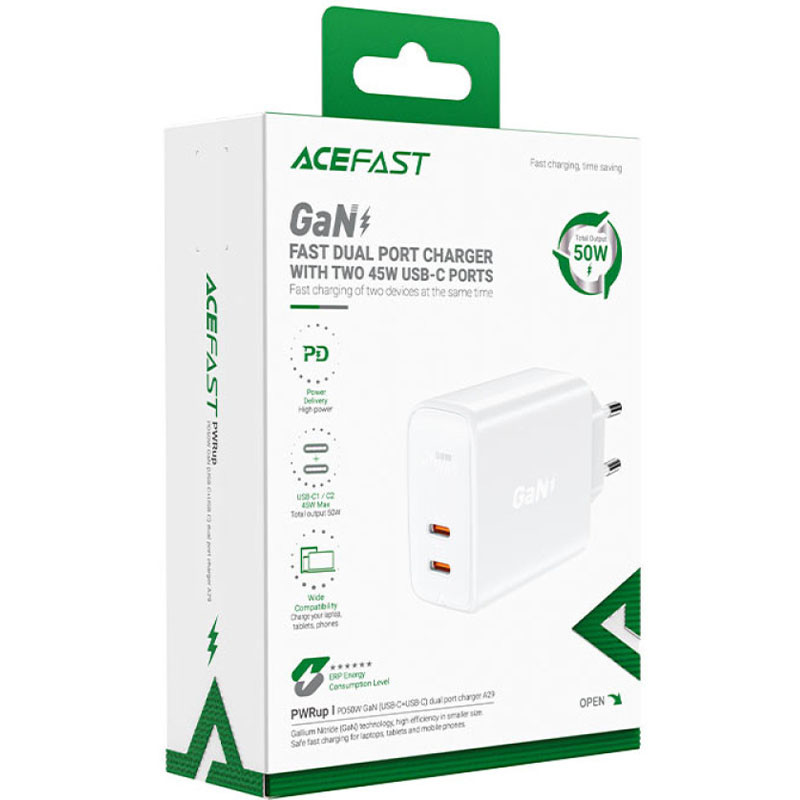 Фото МЗП Acefast A29 PD50W GaN (USB-C+USB-C) dual port (White) в маназині vchehle.ua