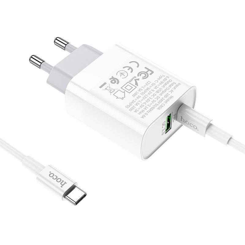 Фото МЗП HOCO C80A PD + QC3.0 (1USB / 3.1A) Type-C to Type-C (Білий) на vchehle.ua