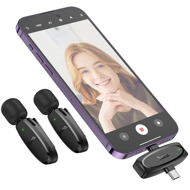 Замовити Петличний бездротовий мікрофон Hoco L15 Dual-mic clip-on wireless digital (Lightning/Type-C) (Black) на vchehle.ua