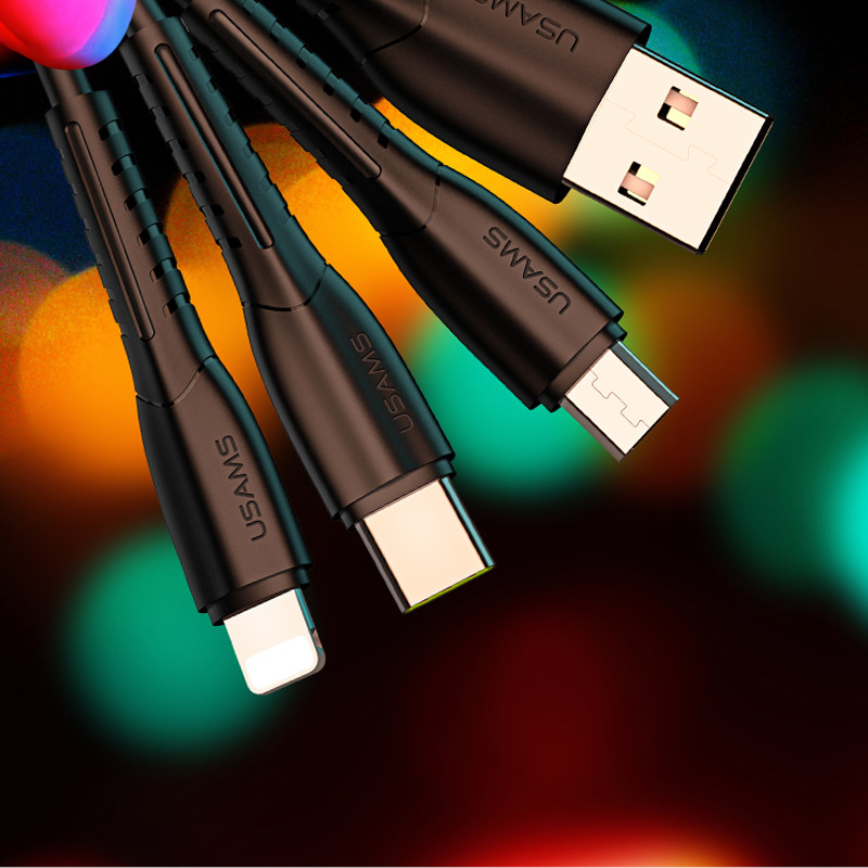 Фото АЗП Usams C13 2.1A Dual USB + U35 3IN1 Charging Cable (1m) (Чорний) на vchehle.ua