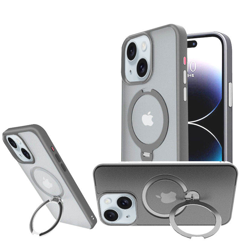 Фото TPU+PC чехол Metal Buttons with Magnetic Safe Colorful HQ Ring для Apple iPhone 15 (6.1") (Grey) на vchehle.ua