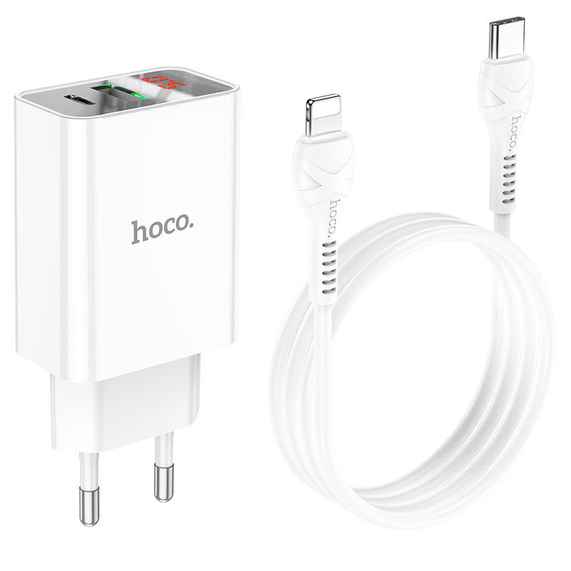СЗУ Hoco C100A with digital display PD20W+QC3.0 (1USB-A/1C) + кабель Type-C to Lightning (White)
