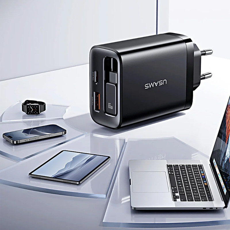 СЗУ Usams US-CC296 GaN With Retractable Type-C Cable Xiang Ser. 30W (1USB-A/1C) (Black) в магазине vchehle.ua