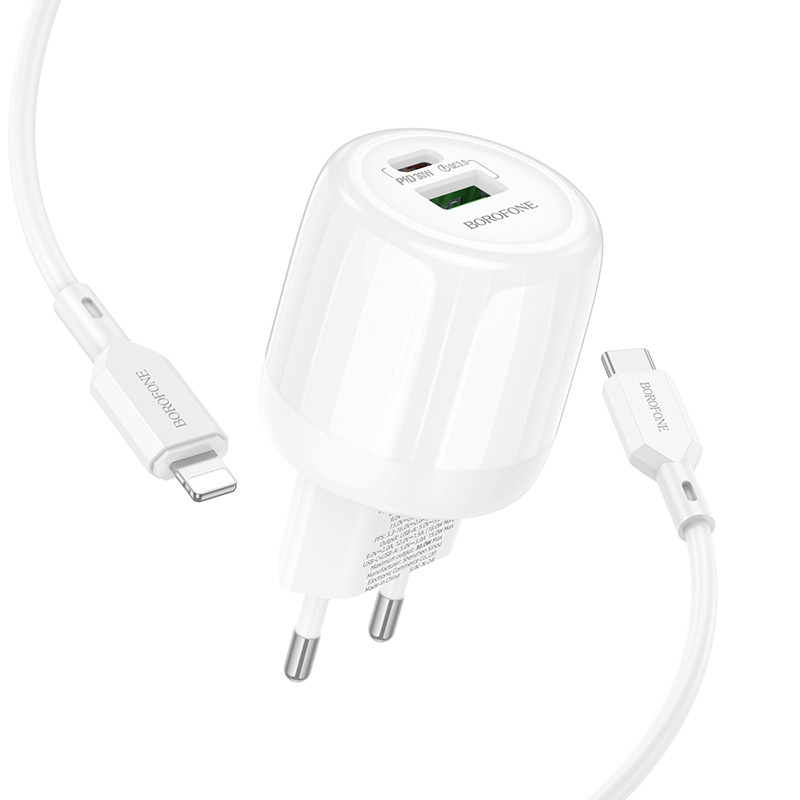 Фото СЗУ Borofone BA94A Lustrous PD30W+QC3.0 (1USB-A/1C) + кабель Type-C to Lightning (White) в магазине vchehle.ua