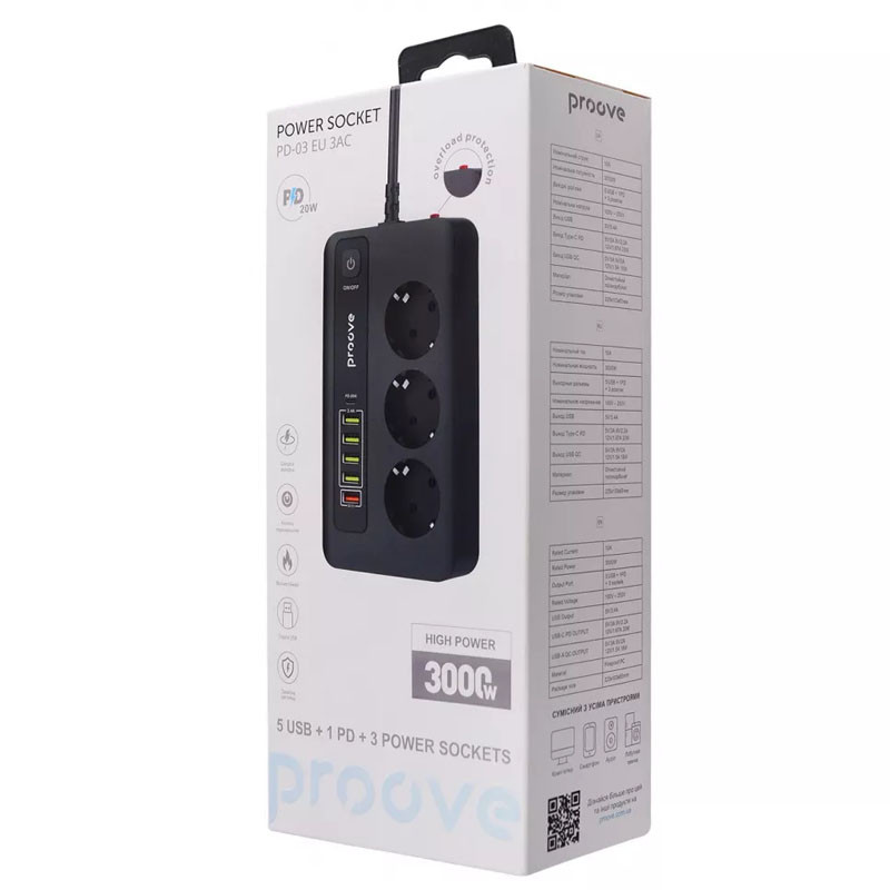 Заказать Сетевой фильтр Proove Power Socket PD-03 (3xSocket+5xUSB+1xType-C 20W) (2m) (Black) на vchehle.ua