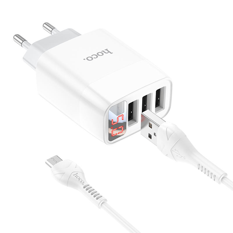 Купити МЗП Hoco C93A Easy charge 3-port digital display charger + MicroUSB (White) на vchehle.ua