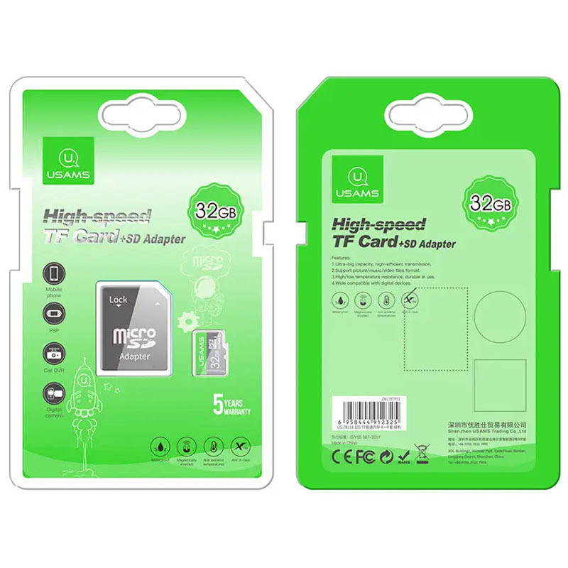 Фото Карта памяти USAMS US-ZB118 TF High Speed Card 32 Gb + adapter (Green) на vchehle.ua