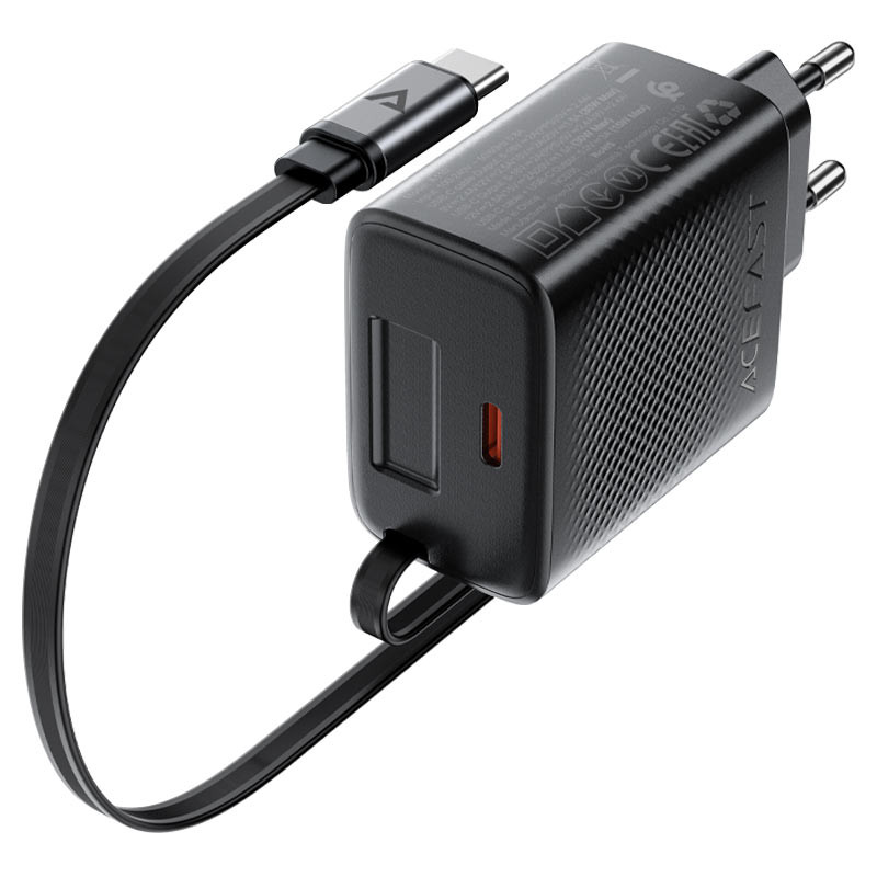 Фото СЗУ Acefast A110 GaN With Retractable Cable Type-C PD30W (1USB-C) (Black) в магазине vchehle.ua
