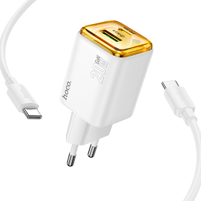 Фото СЗУ Hoco N52 Monsoon PD20W+QC3.0 (1USB-A/1C) + кабель Type-C to Type-C (White) на vchehle.ua