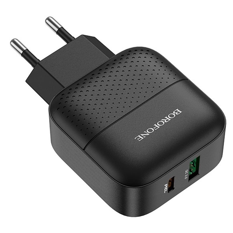 Фото СЗУ Borofone BA46A PD 18W+QC3.0 (1USB/1Type-C/3A) + Type-C to Lightning (Черный) в магазине vchehle.ua