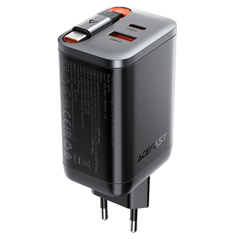 Фото СЗУ Acefast A111 GaN With Retractable Cable Type-C PD67W (1USB-A/1C) (Black) на vchehle.ua