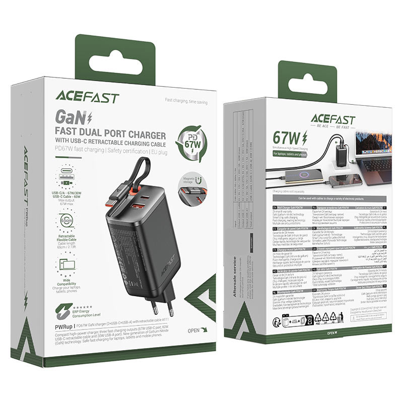 Заказать СЗУ Acefast A111 GaN With Retractable Cable Type-C PD67W (1USB-A/1C) (Black) на vchehle.ua